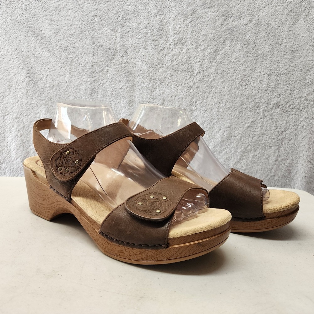 Dansko Sandals Womens Size 11.5 Brown Leather Floral Embossed Rose Studs EU 42